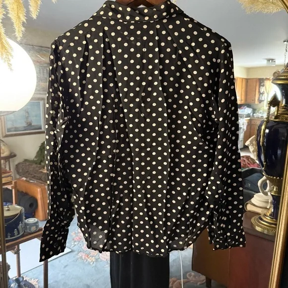 Magaschoni Black and Tan Polka Dot Button Up Long Sleeve Lightweight Blouse - Picture 8 of 8